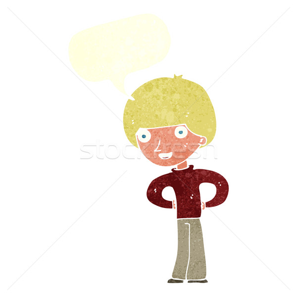 cartoon happy boy with hands on hips with speech bubble Stock photo © lineartestpilot