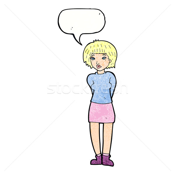 Stockfoto: Cartoon · verlegen · vrouw · tekstballon · hand · ontwerp