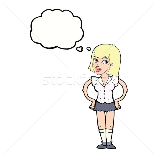 Cartoon femme mains hanches bulle de pensée main [[stock_photo]] © lineartestpilot