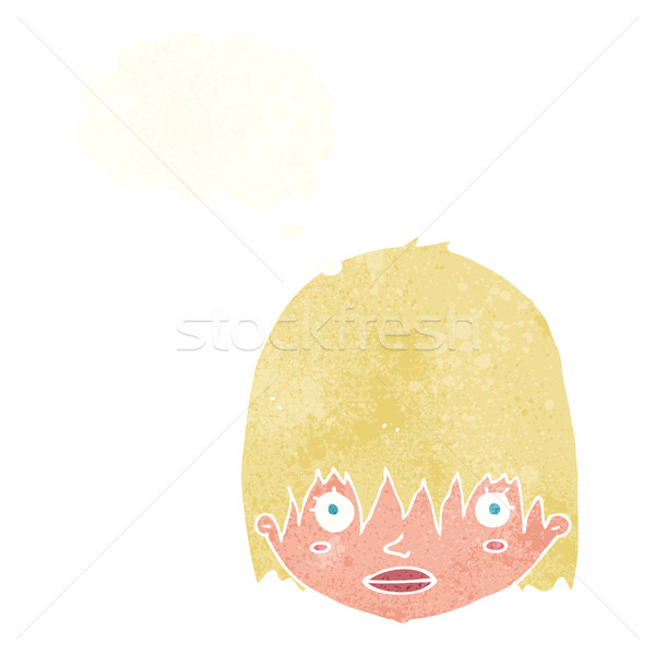 Cartoon staren vrouw gedachte bel hand gezicht Stockfoto © lineartestpilot