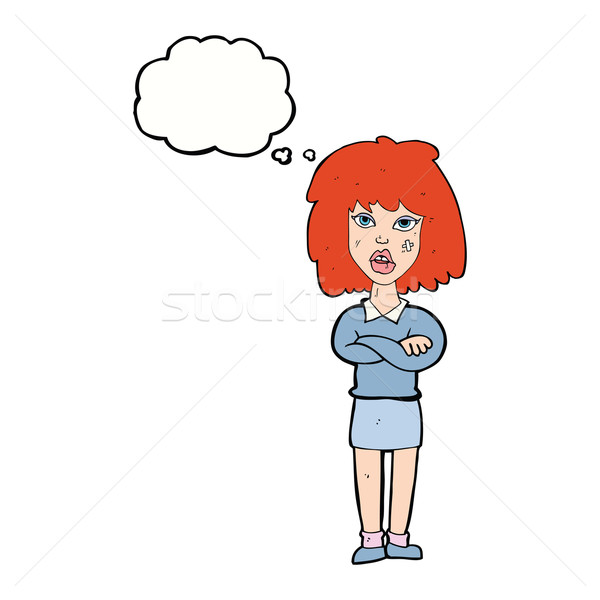 Cartoon twardy kobieta fałdowy broni bubble myśl Zdjęcia stock © lineartestpilot