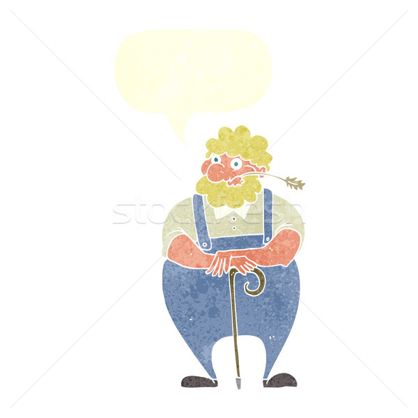 Stock photo: cartoon farmer leaning on walking stick with speech bubble