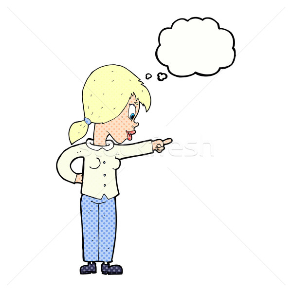 [[stock_photo]]: Cartoon · enthousiaste · femme · pointant · bulle · de · pensée · main