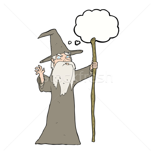 Stock photo: cartoon old wizard with thought bubble