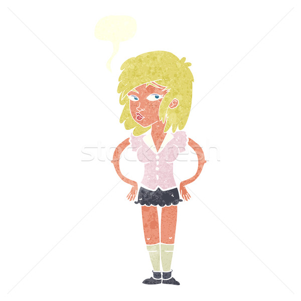 cartoon pretty woman with hands on hips with speech bubble Stock photo © lineartestpilot