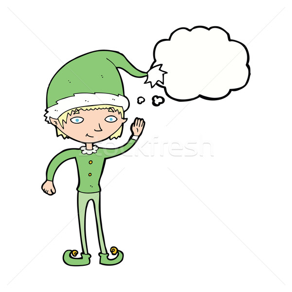 Stock photo: cartoon waving christmas elf with thought bubble