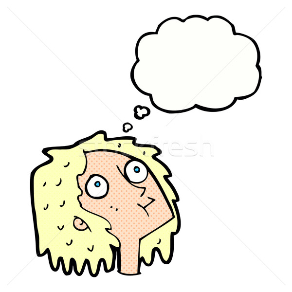 Cartoon staren vrouw gedachte bel hand gezicht Stockfoto © lineartestpilot