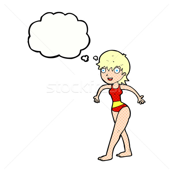 Cartoon heureux femme maillot de bain bulle de pensée main Photo stock © lineartestpilot
