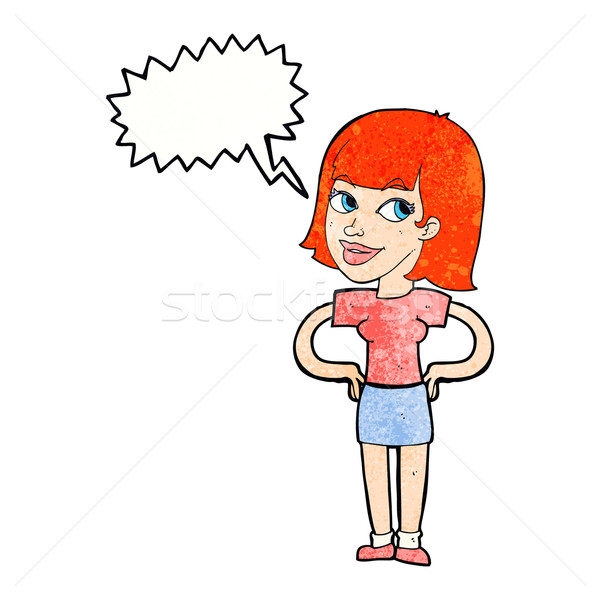 Cartoon heureux femme mains hanches bulle [[stock_photo]] © lineartestpilot