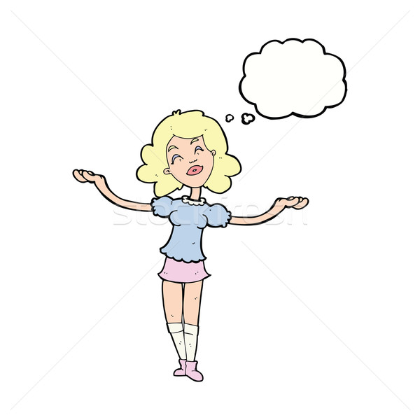 Cartoon mujer toma elogios burbuja de pensamiento mano Foto stock © lineartestpilot