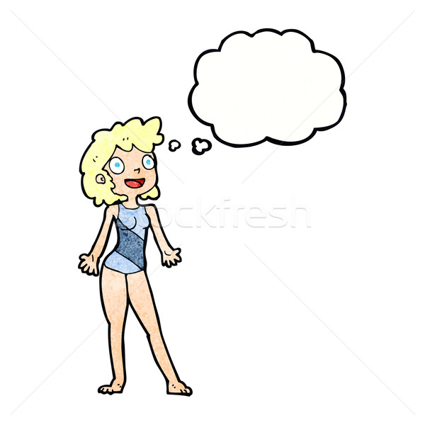 Stock photo: cartoon woman in swimming costume with thought bubble