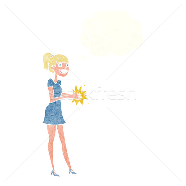 Stock photo: cartoon woman clapping hands with thought bubble