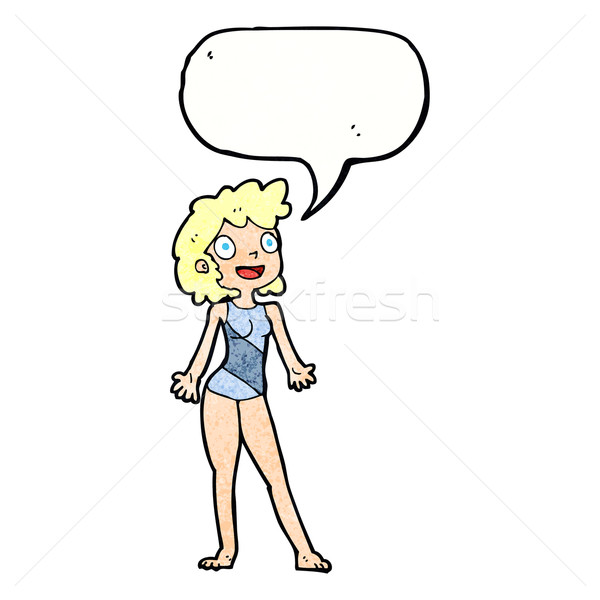 Stock photo: cartoon woman in swimming costume with speech bubble