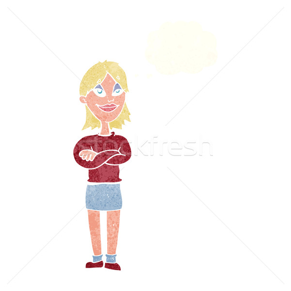 Desen animat mandru femeie bule gandire mână fericit Imagine de stoc © lineartestpilot