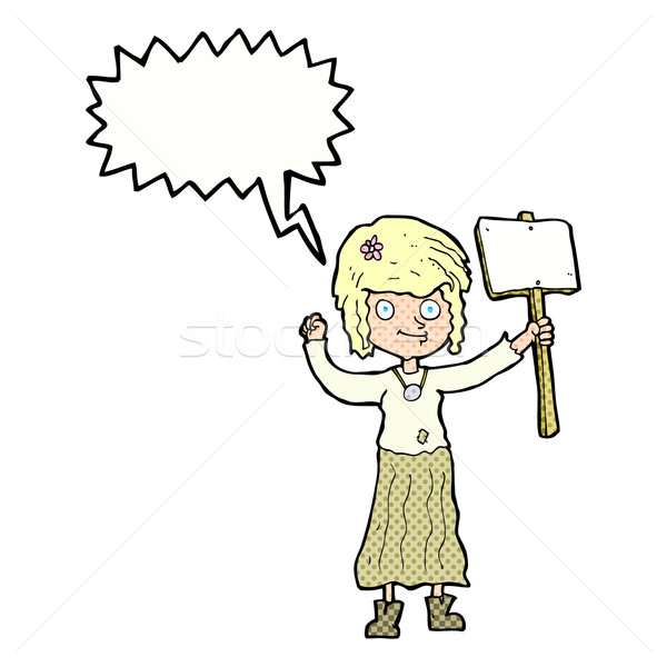 cartoon hippie girl with protest sign with speech bubble Stock photo © lineartestpilot