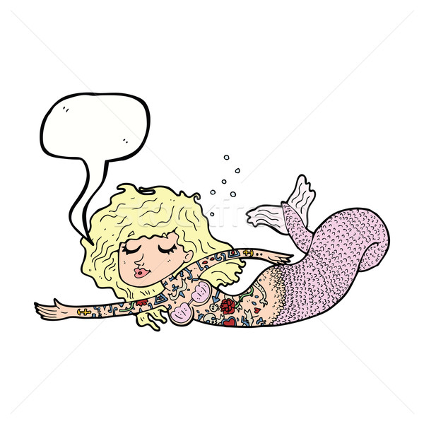 Stockfoto: Cartoon · zeemeermin · gedekt · tattoos · tekstballon · vrouw