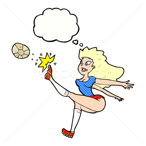 cartoon female soccer player kicking ball with thought bubble Stock photo © lineartestpilot