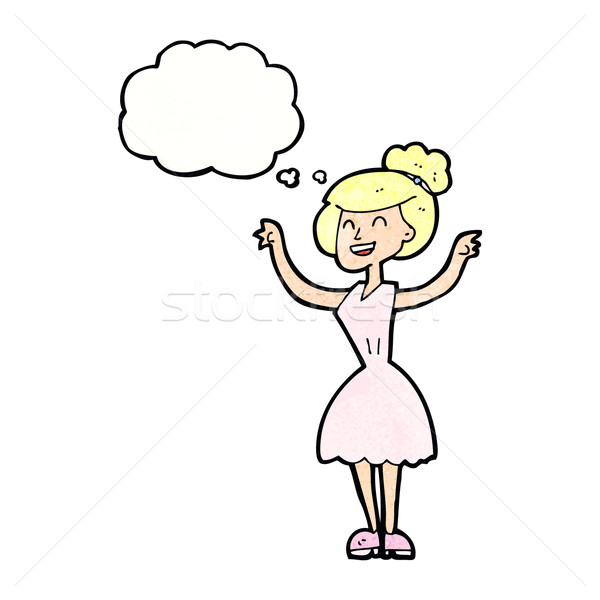 Stock photo: cartoon woman with raised arms with thought bubble