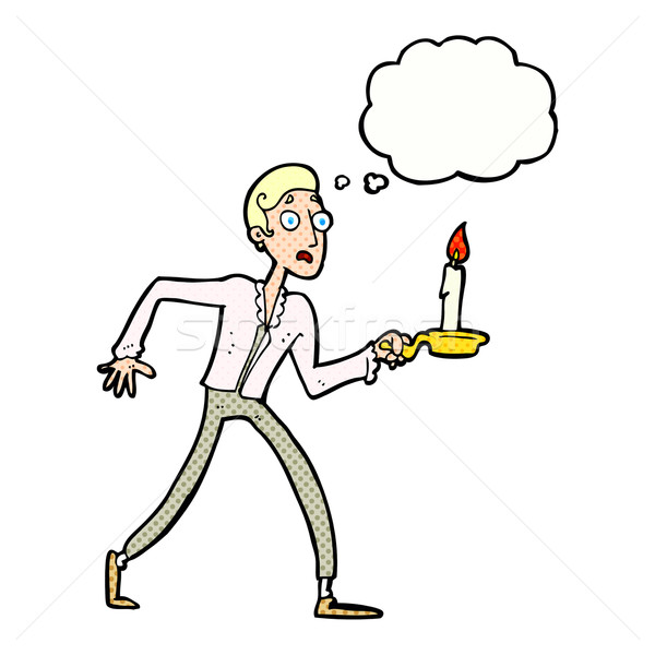 Stock photo: cartoon frightened man walking with candlestick with thought bub