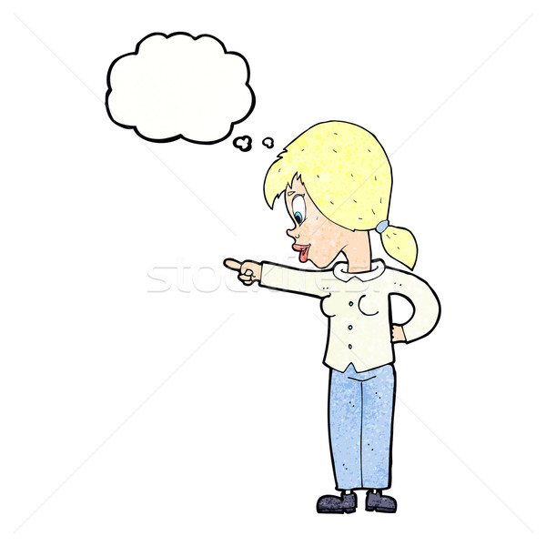 Cartoon enthousiast vrouw wijzend gedachte bel hand Stockfoto © lineartestpilot