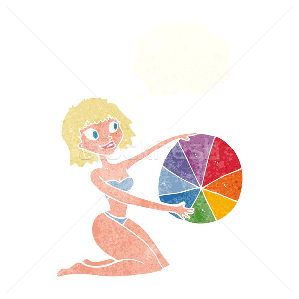 Stock photo: cartoon bikini girl with beach ball with thought bubble