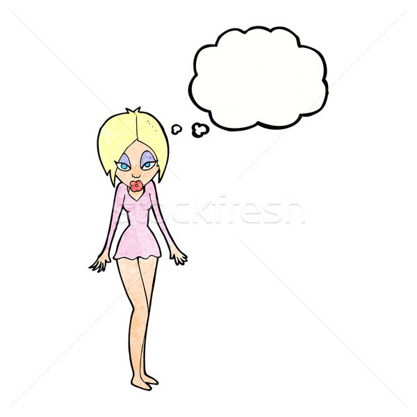 Cartoon vrouw kort jurk gedachte bel hand Stockfoto © lineartestpilot