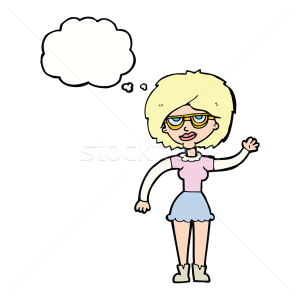 Foto stock: Cartoon · mujer · gafas · burbuja · de · pensamiento