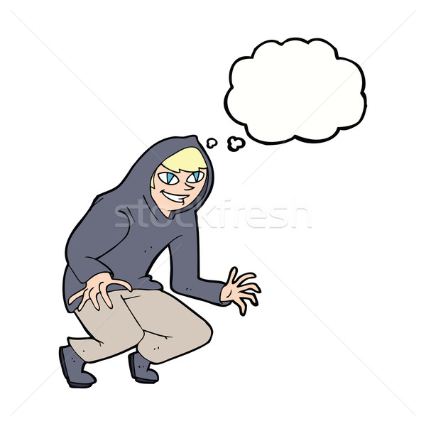 cartoon mischievous boy in hooded top with thought bubble Stock photo © lineartestpilot