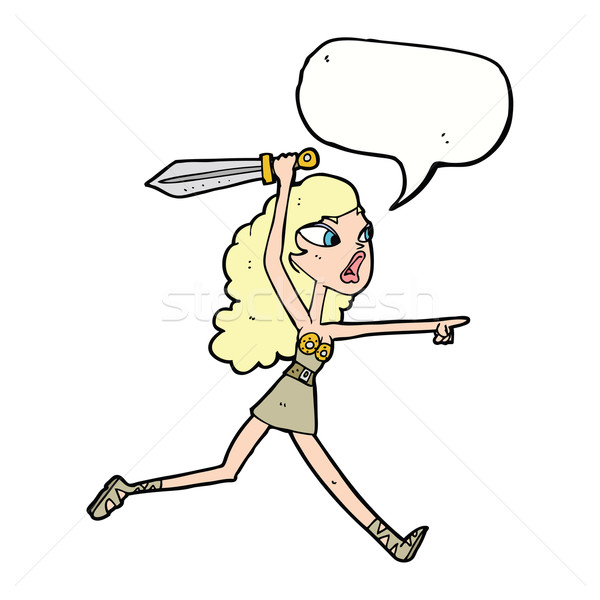 cartoon viking girl with sword with speech bubble Stock photo © lineartestpilot