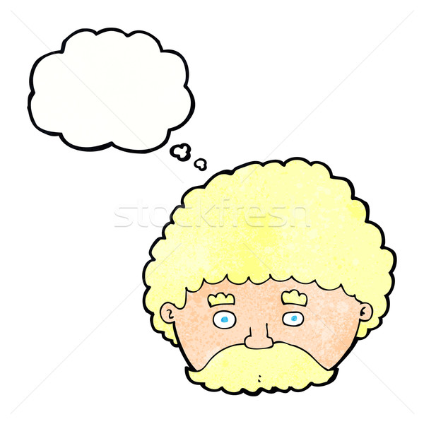 [[stock_photo]]: Cartoon · homme · moustache · bulle · de · pensée · main · visage