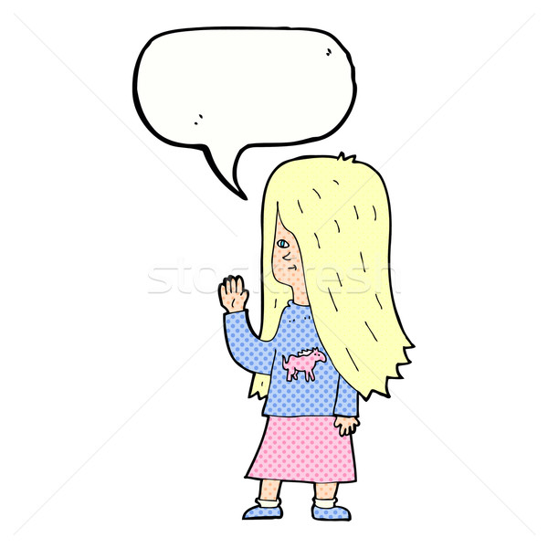 cartoon girl with pony shirt waving with speech bubble Stock photo © lineartestpilot