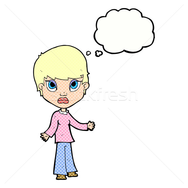 Stock photo: cartoon woman shrugging shoulders with thought bubble