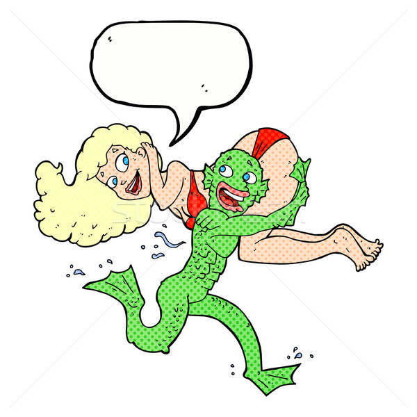 cartoon swamp monster carrying girl in bikini with speech bubble Stock photo © lineartestpilot