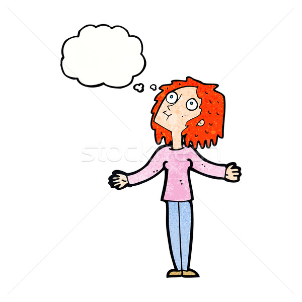 Stock photo: cartoon curious woman looking upwards with thought bubble