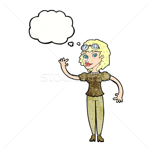 cartoon pilot woman waving with thought bubble Stock photo © lineartestpilot