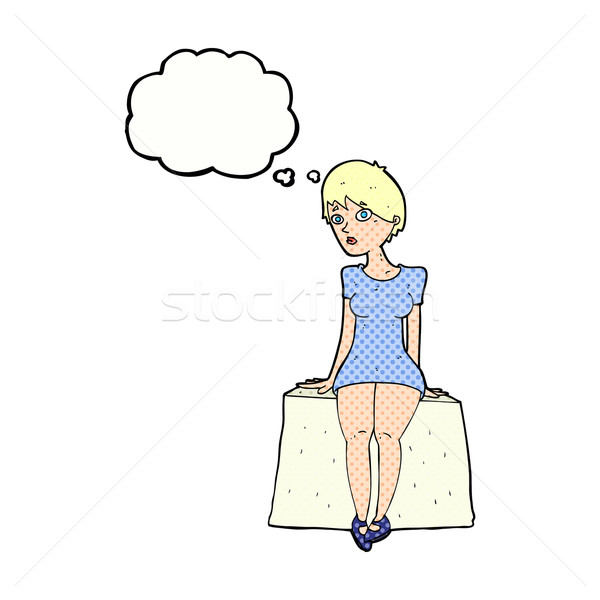 Stock foto: Karikatur · neugierig · Frau · Sitzung · Gedankenblase · Hand