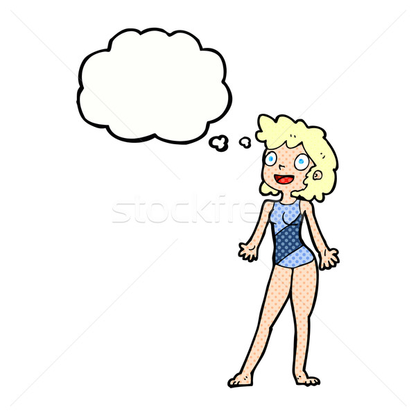 [[stock_photo]]: Cartoon · femme · maillot · de · bain · bulle · de · pensée · main · heureux