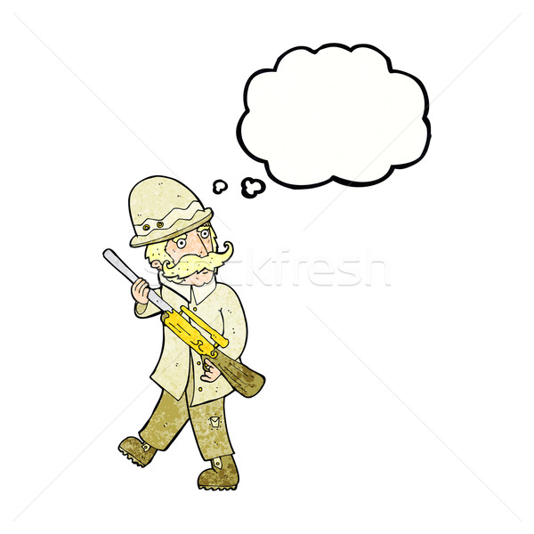 [[stock_photo]]: Cartoon · grand · jeu · chasseur · bulle · de · pensée · main