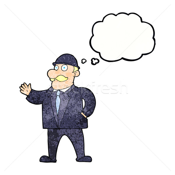 Stock photo: cartoon sensible business man in bowler hat with thought bubble