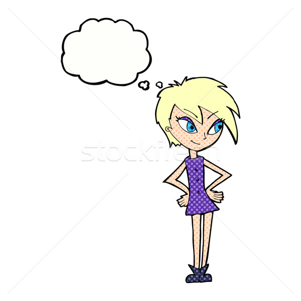 Cartoon fille mains hanches bulle de pensée femme [[stock_photo]] © lineartestpilot