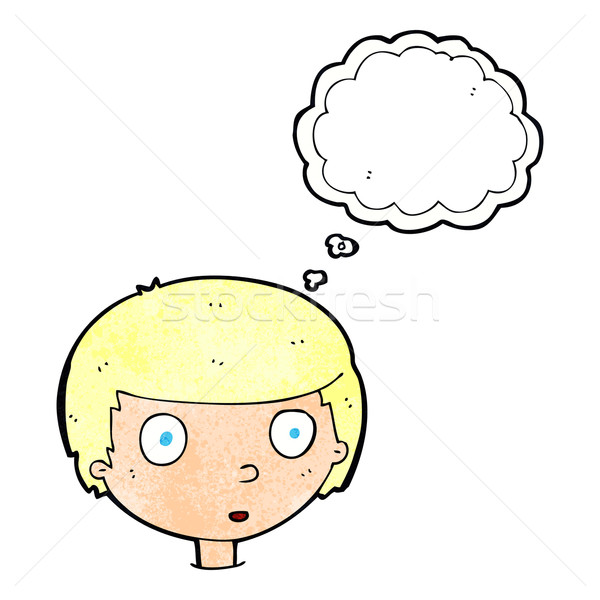 Cartoon curieux garçon bulle de pensée main visage Photo stock © lineartestpilot