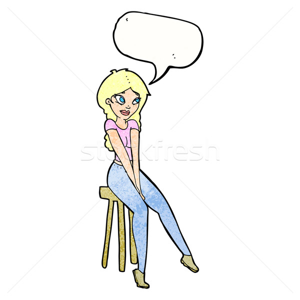 Stock photo: cartoon pretty girl on stool with speech bubble