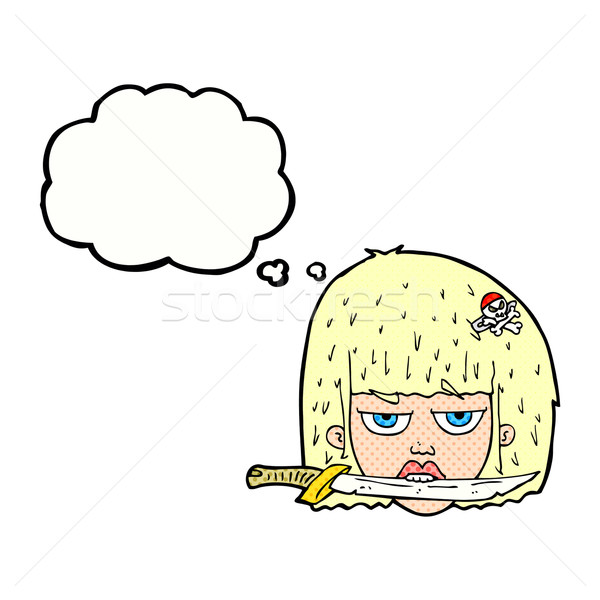 cartoon woman holding knife between teeth with thought bubble Stock photo © lineartestpilot