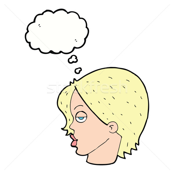 Karikatur Frau Augenbraue Gedankenblase Hand Gesicht Stock foto © lineartestpilot