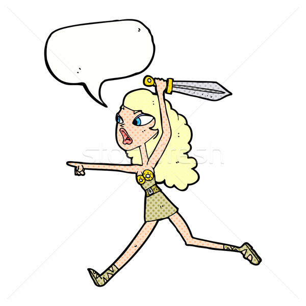 cartoon viking girl with sword with speech bubble Stock photo © lineartestpilot