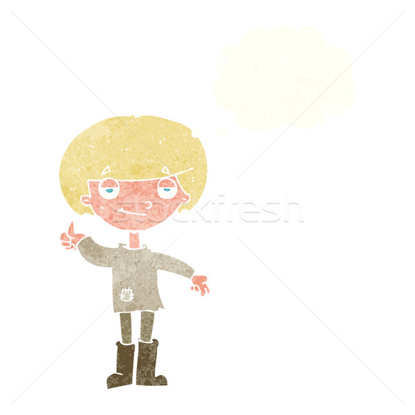 cartoon boy in poor clothing giving thumbs up symbol with though Stock photo © lineartestpilot