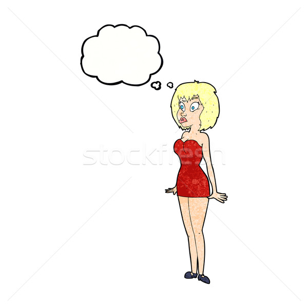 Cartoon verwonderd vrouw kort jurk gedachte bel Stockfoto © lineartestpilot