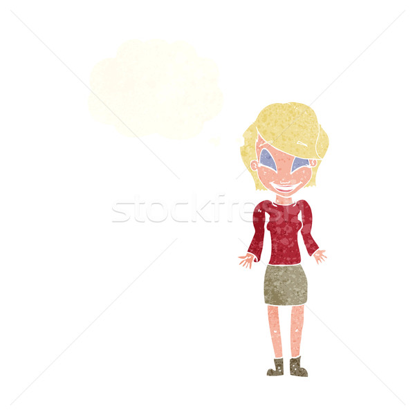 cartoon happy woman shrugging shoulders with thought bubble Stock photo © lineartestpilot