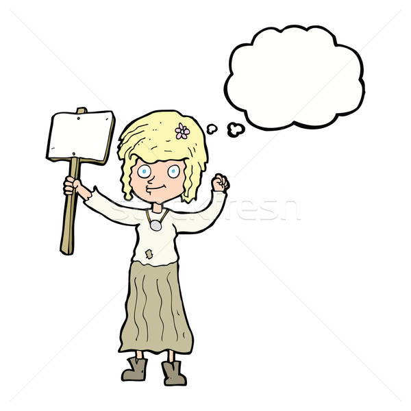 cartoon hippie girl with protest sign with thought bubble Stock photo © lineartestpilot