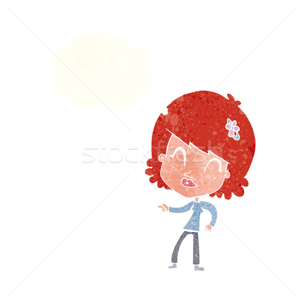 cartoon happy woman pointing with thought bubble Stock photo © lineartestpilot